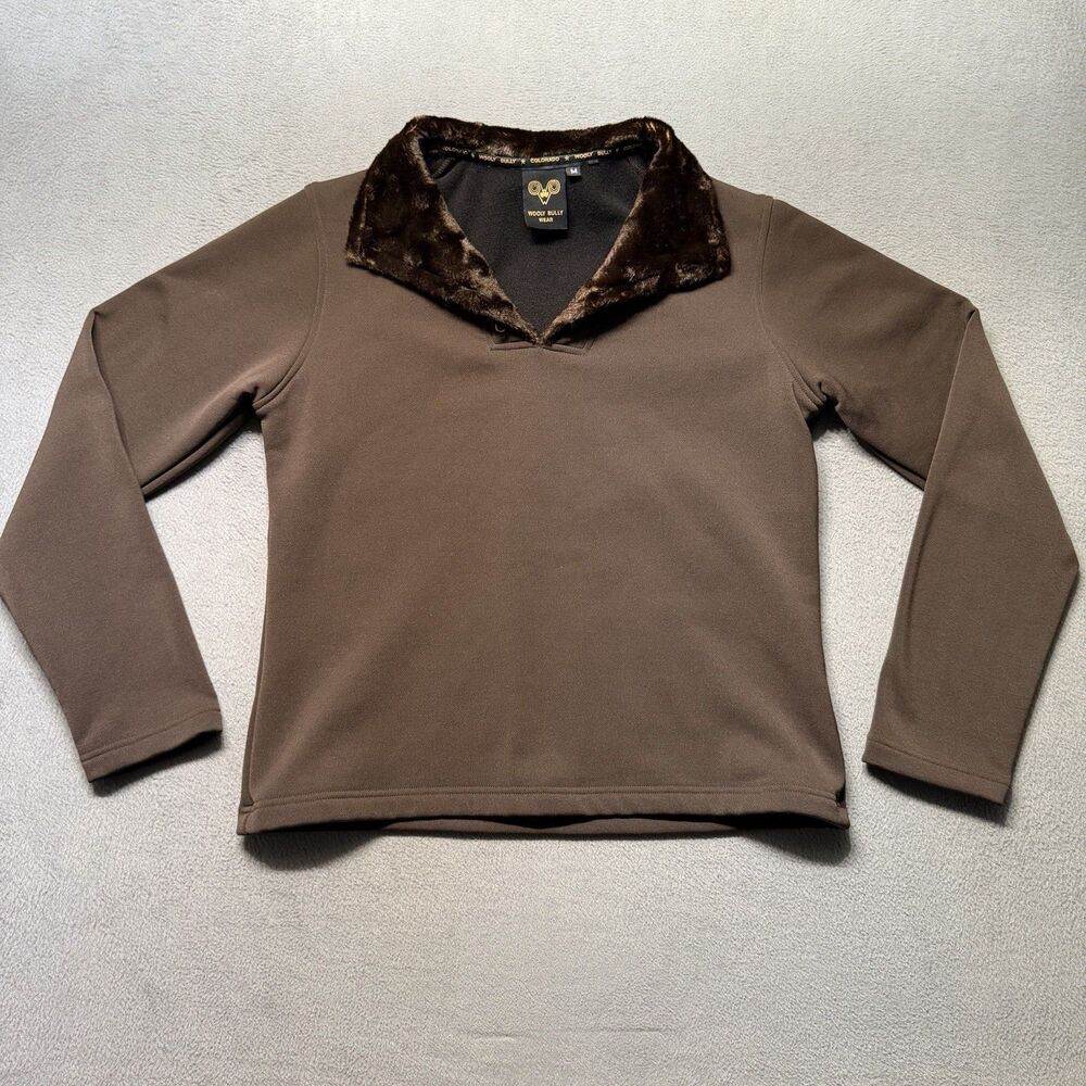 Wooly Bully Wear Women's M Pullover Sweater Brown Faux Fur Collar Long Sleeve